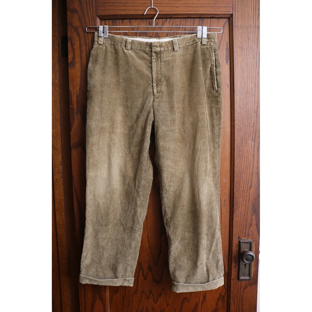 Vintage LL BEAN Corduroy Pants Men 36x28 Tan Cuff Trousers Wide Straight Leg